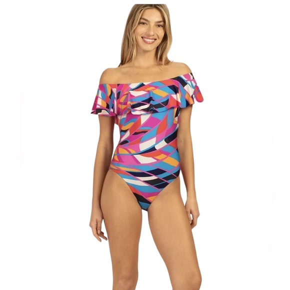 TRINA TURK Rio Off The Shoulder Ruffled One Piece Swimsuit Size 12 - Picture 1 of 8